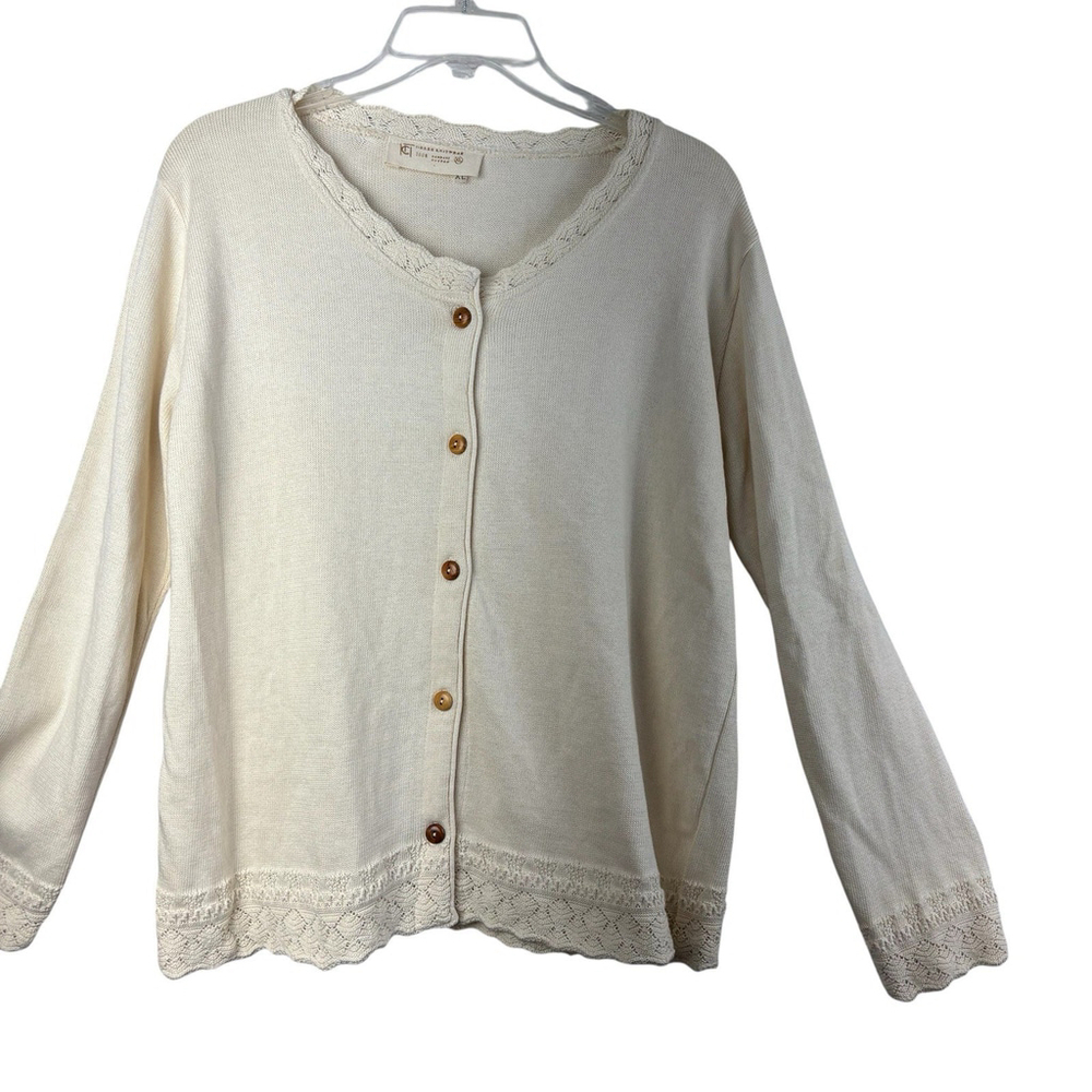 Vintage Cream Knit Cardigan Scalloped Lace Trim Button Up Sweater CottageCore XL - Picture 4 of 6